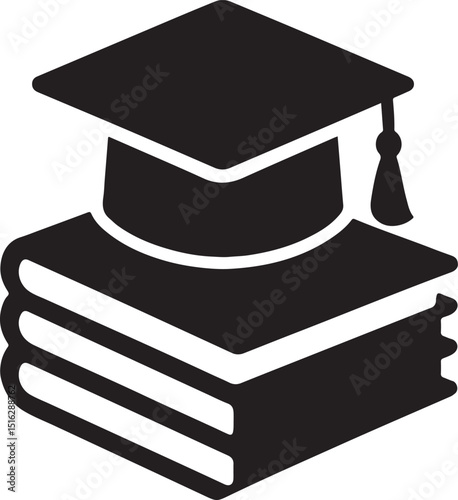 Silhouette vector of a graduation hat resting on a stack of diplomas, symbolizing academic success and achievement.
