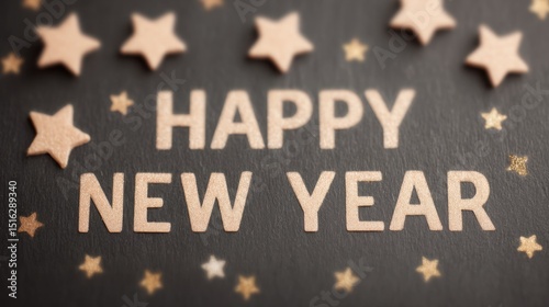 Happy new year greeting surrounded by golden stars on dark background