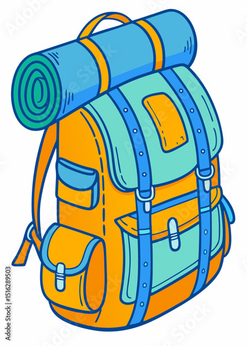 A generic tourist backpack, adventure travel icon