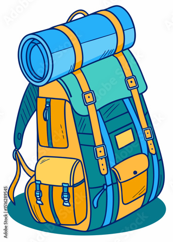 A generic tourist backpack, adventure travel icon