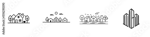 Icon set featuring minimalistic house and building designs with nature elements, showcasing urban and rural life styles