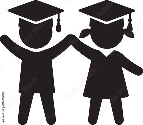 Silhouette vector of kids wearing graduation caps celebrating kindergarten graduation, symbolizing achievement and joy.
