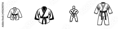 Icon set depicting martial arts uniforms and poses in a clear and simplified design style suitable for various applications and purposes