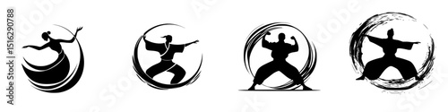 Creative icon set depicting various martial arts and dance movements in minimalist designs showcasing dynamic silhouettes
