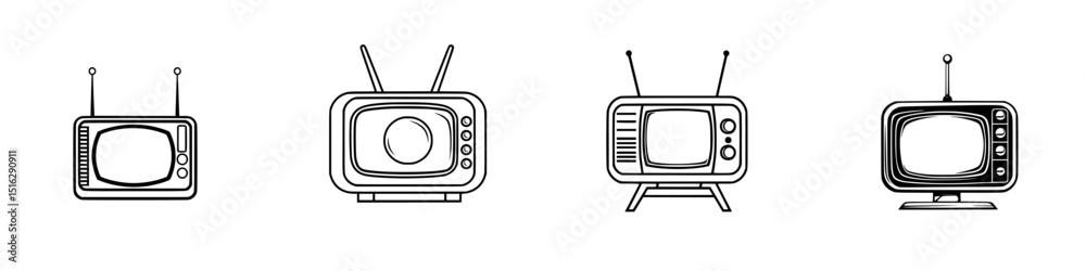 Vintage television icon set showcasing different designs and styles from past decades