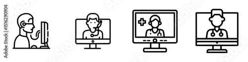 Digital health consultation icon set featuring virtual interactions among healthcare professionals and patients