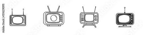 Vintage television icon set showcasing different designs and styles from past decades