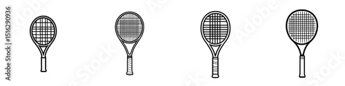 Icon set featuring tennis rackets with different designs for sports illustrations or graphic design projects