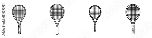 Icon set displaying various styles of tennis rackets designed for sports enthusiasts and players