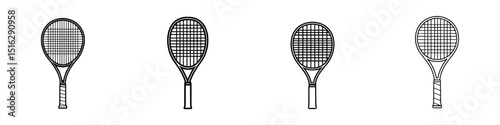 Icon set featuring four variations of tennis rackets in a minimalistic design suitable for sports-themed projects