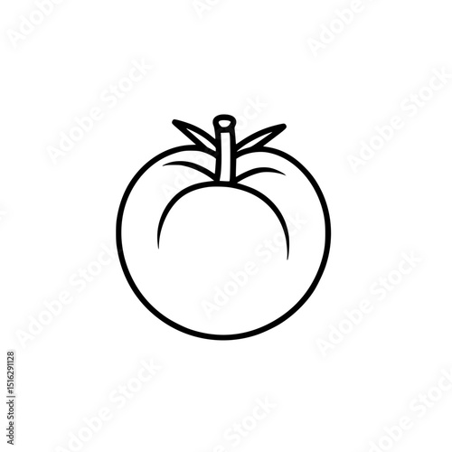 Simple black and white line art of a tomato illustrating food concepts and gardening elements