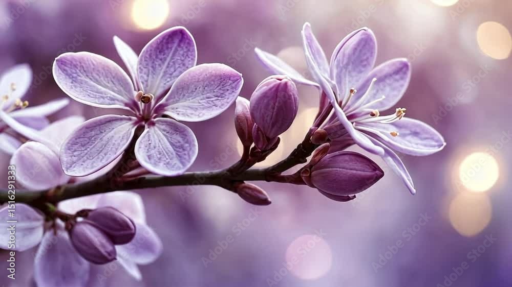 Close up of light purple flowers and buds on a branch against a blurred bokeh background