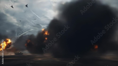 Naval Warfare: Explosions and Jet Fighters in a Dramatic Sky