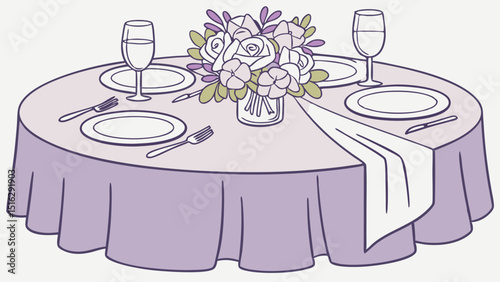 Beautiful Table Set for Dinner with Flowers with purple background vector illustration