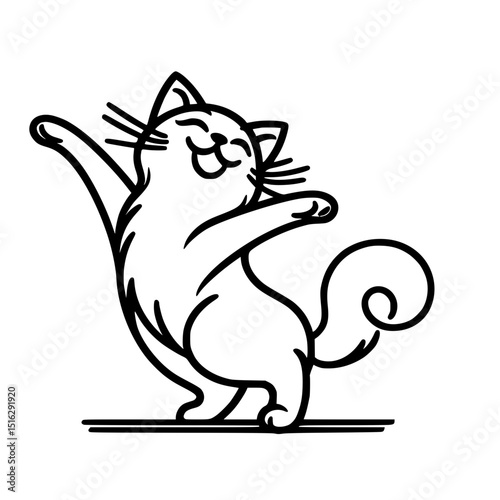 Happy cat dancing with joy in a simple outline vector style  