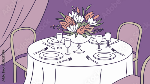 Beautiful Table Set for Dinner with Flowers with purple background vector illustration