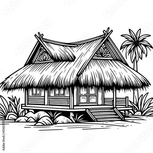 Tropical thatched roof bungalow surrounded by palm trees and greenery - Concept of single line outline vector  