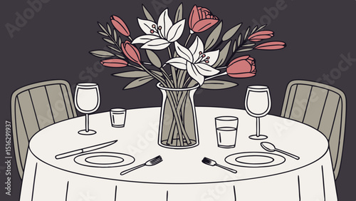 Beautiful Table Set for Dinner with Flowers with dark black background vector illustration