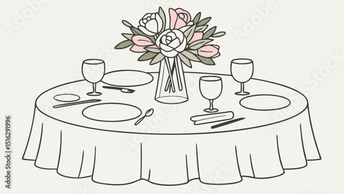 Beautiful Table Set for Dinner with Flowers with white background vector illustration