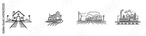 Icon set representing transportation and urban elements with trains, tracks, and cityscapes