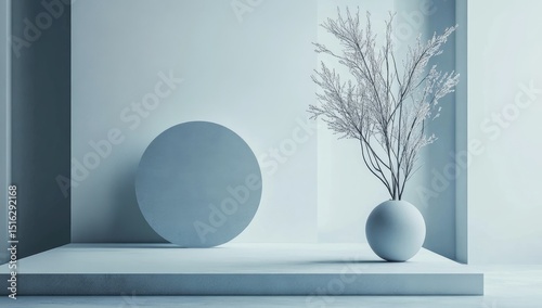 Minimalist display, light blue tones, plant