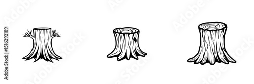Icon set showcasing hand-drawn tree stumps with varying designs and textures for digital and print use