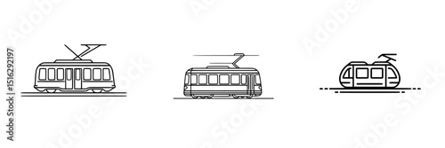 Icon set showcasing different styles of trams, featuring unique designs and variations in motion, suitable for transportation-related projects