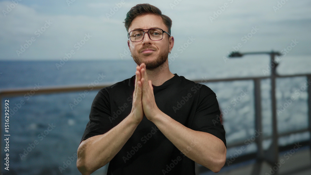 Fototapeta premium Young man with beard praying outdoors on a cruise ship against a seaside backdrop, embracing spirituality with eyes closed under the open sky on a boat journey at sea