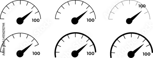 Six speedometer icons gauge meters 100 maximum