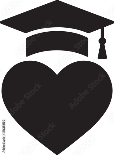 Silhouette vector of a graduation cap over a heart symbol, representing passion, love, and dedication for learning and education.