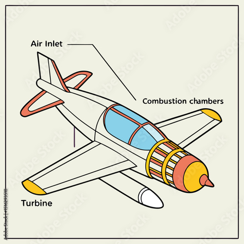 Detailed vector illustration depicting the air inlet combustion chambers and turbine of a jet engine