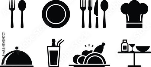 A collection of black and white restaurant and food service icons arranged on a white background