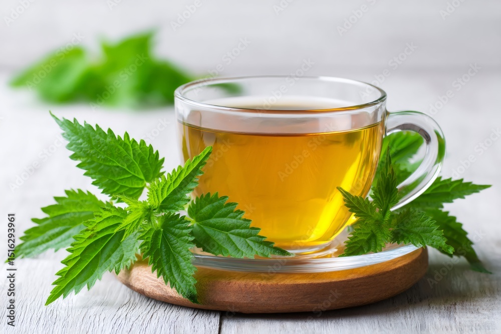 Herbal tea with fresh nettle leaves on wooden table Herbal tea with fresh nettle leaves on wooden table