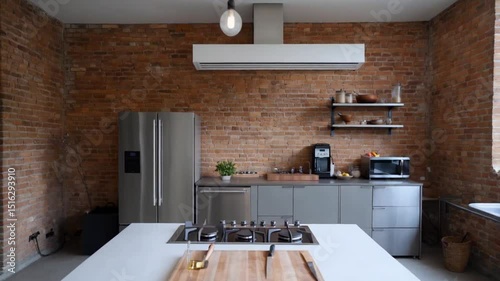 modern kitchen interior with fireplace