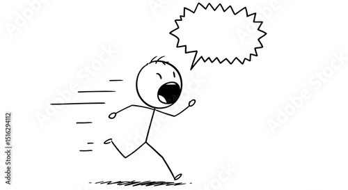Vector Stick Figure of Scared Man Running Away with Empty Speech Bubble – Cartoon Businessman in Panic