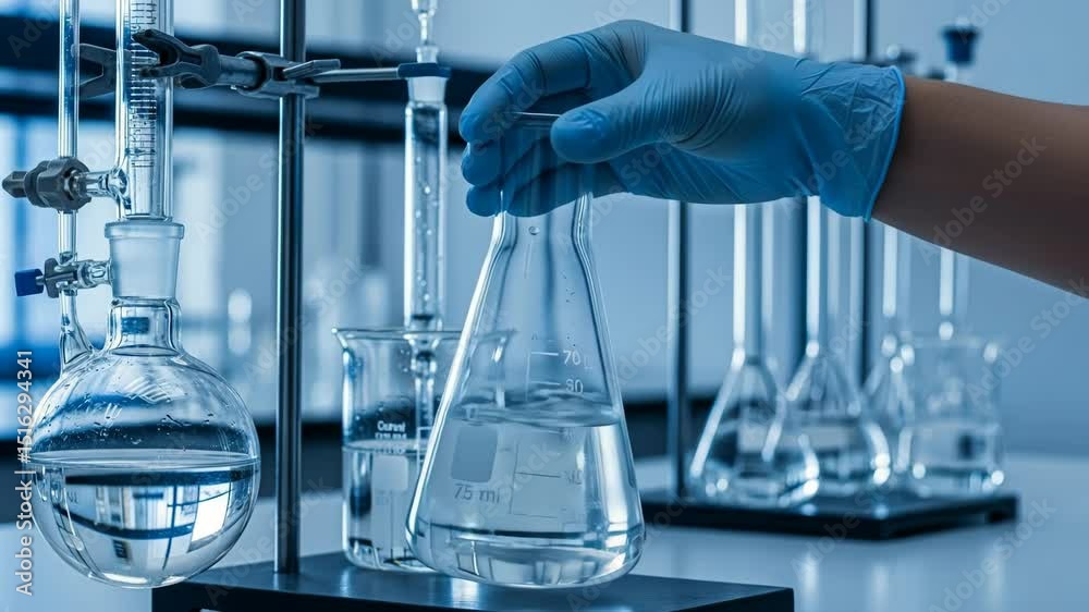 Laboratory technician in blue gloves carefully holding flask filled clear liquid, surrounded by various glassware and scientific equipment. process of chemical experimentation and analysis