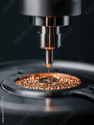 Close-up of a cnc (computer numerical control) machine cutting a piece of metal. the machine is black in color and has a circular base with a hole in the center.