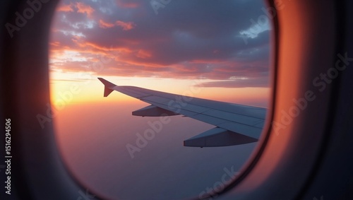 Close-up of airplane window with clouds and sunset sky outside the window, minimalist interior.