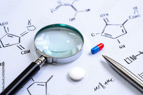 Magnifying glass over chemical formulas and pills representing scientific research and pharmaceutical analysis in a medical laboratory setting