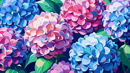 Clustered hydrangea flowers bloom in shades of pink and blue, each tiny petal forming a dome-like structure. The natural sunlight enhances their rich colors and garden freshness.

