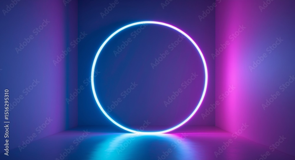 Fototapeta premium Luminous Circle in Abstract Room with Neon Pink and Cyan Lighting, Modern Design