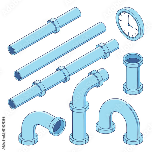 Isometric illustration of industrial plumbing elements including valves pipes and a pressure gauge