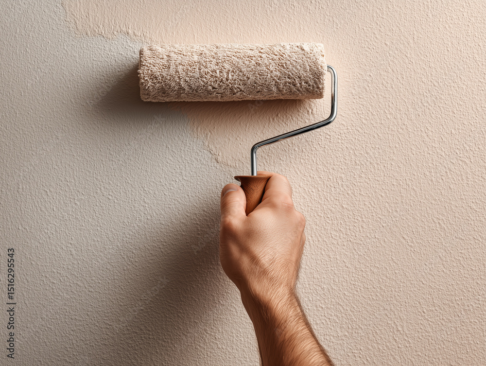 Obraz premium Man painting wall with paint roller, closeup. Space for text. beige color