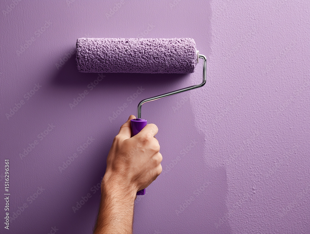 Fototapeta premium Painter paints the wall with a roller in the purple color.