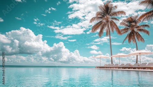 Stunning Summer Landscape of Island Resort with Pristine Swimming Pool Surrounded by Relaxing Beach Beds