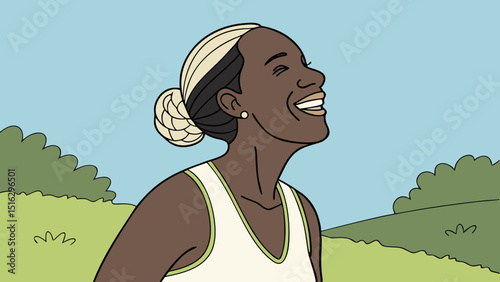 Fitness, black blonde woman and happy athlete smile after running, exercise and marathon training workout. Blue sky, summer sports and run of a African runner .