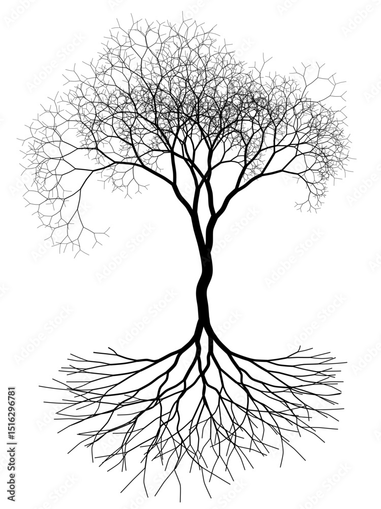 Tree with roots silhouette. Binary fractal algorithmic design.