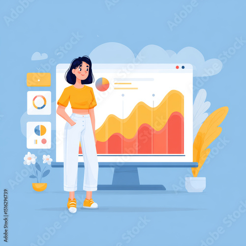 Young woman with dark hair standing confidently in front of a colorful data chart.