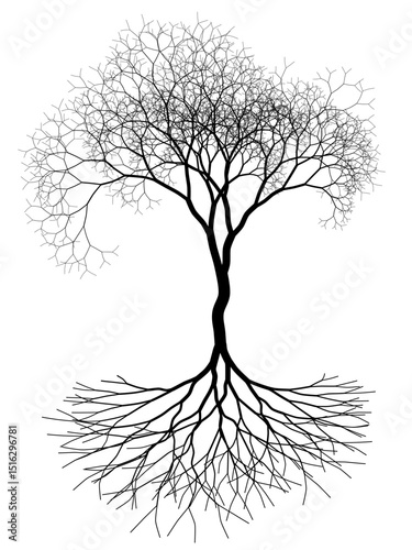 Tree with roots silhouette. Binary fractal algorithmic design.