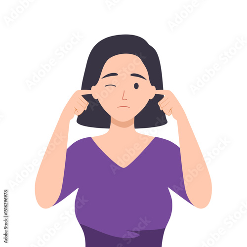Woman covering his ears with fingers, eyes closed. Guy closing or plugging for loud noise